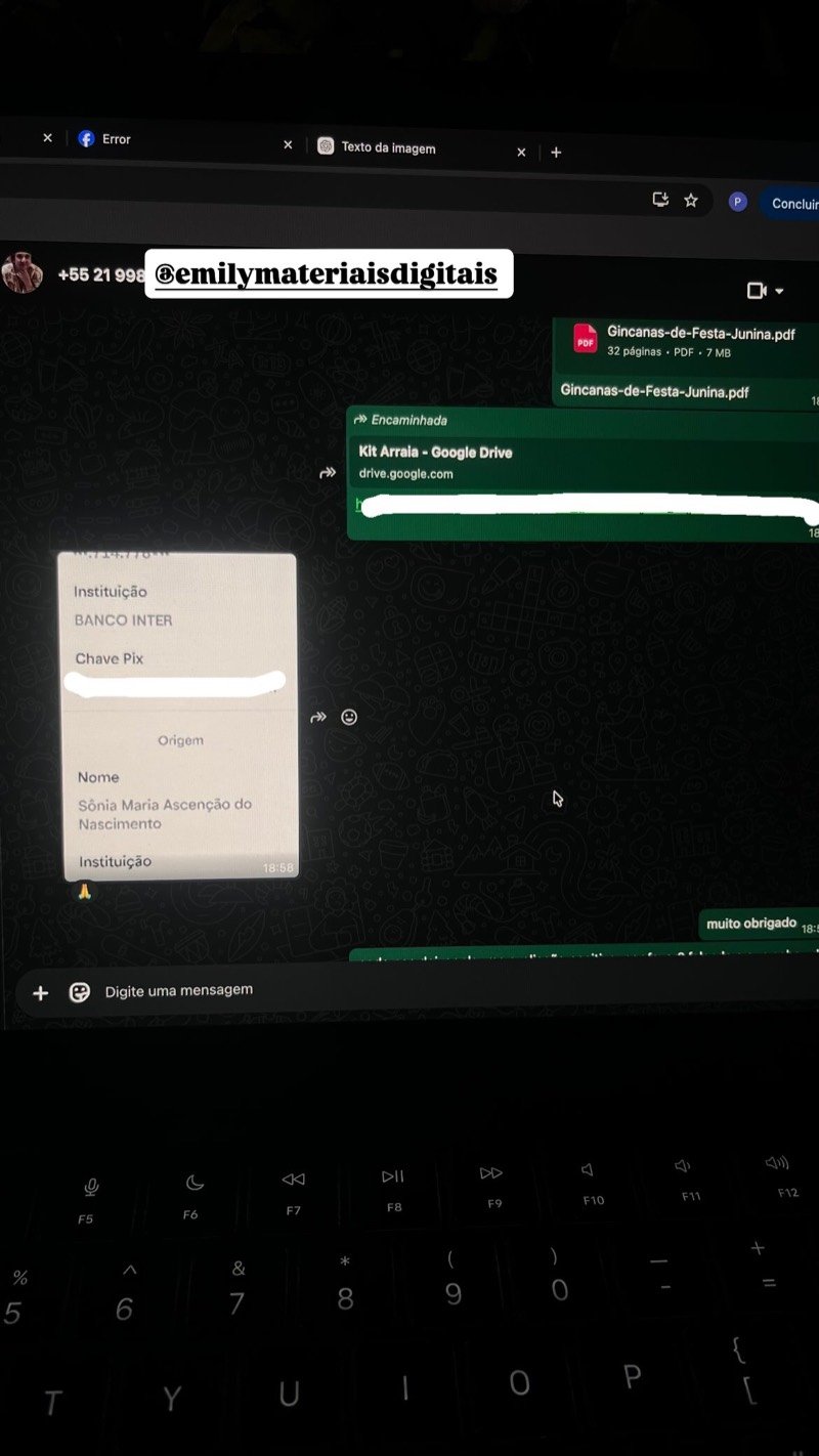 Print de conversa no WhatsApp: cliente recebe o material, envia o comprovante de pagamento e agradece