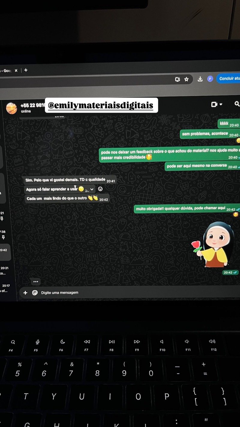 Print de conversa no WhatsApp: cliente diz que gostou demais, que é tudo com qualidade e que cada modelo é mais lindo do que o outro