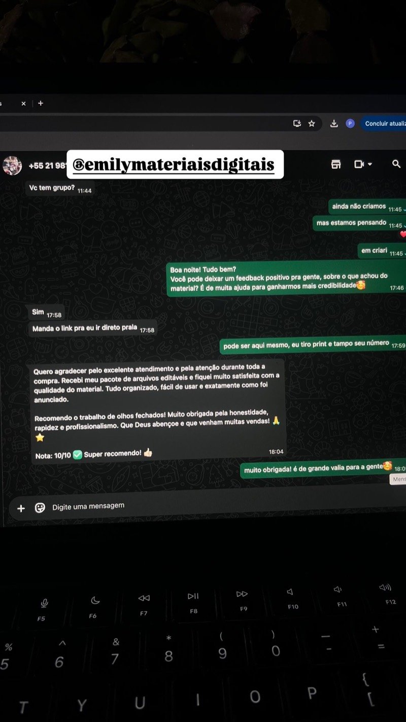 Print de conversa no WhatsApp: cliente agradece o atendimento, elogia a qualidade e a organização do material e dá nota 10 de 10