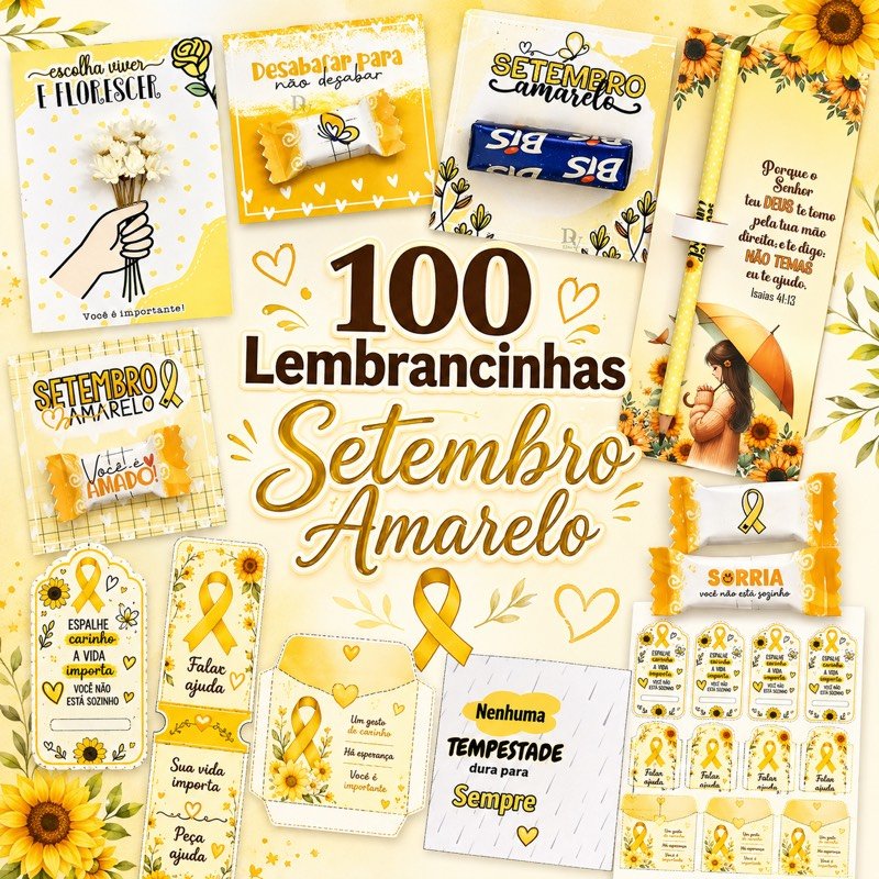 Kit com 100 modelos de lembrancinhas do Setembro Amarelo: tags, marcadores de página, envelopes, cartões e embalagens para bis e bombom, todos em tons de amarelo com girassóis e laços